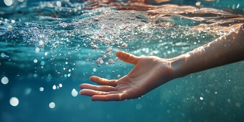 human hand under water playing with bubbles 