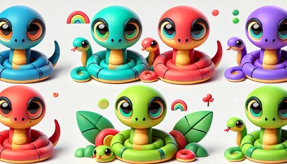 Fototapeta premium Cute Cartoon Snake Character Collection 3D Rendered