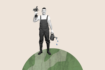 Composite photo collage of happy man gardener hold soil plant water can environment care globe save...