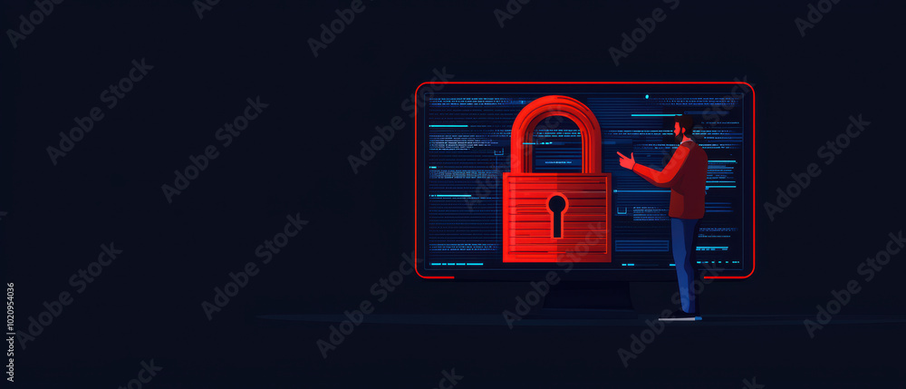 Poster conceptual illustration of cybersecurity featuring a person interacting with a digital padlock on a 