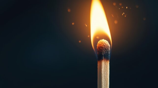 Close-up of a matchstick ignited with a bright flame against a dark background.