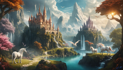 A fantasy realm with dragons and unicorns