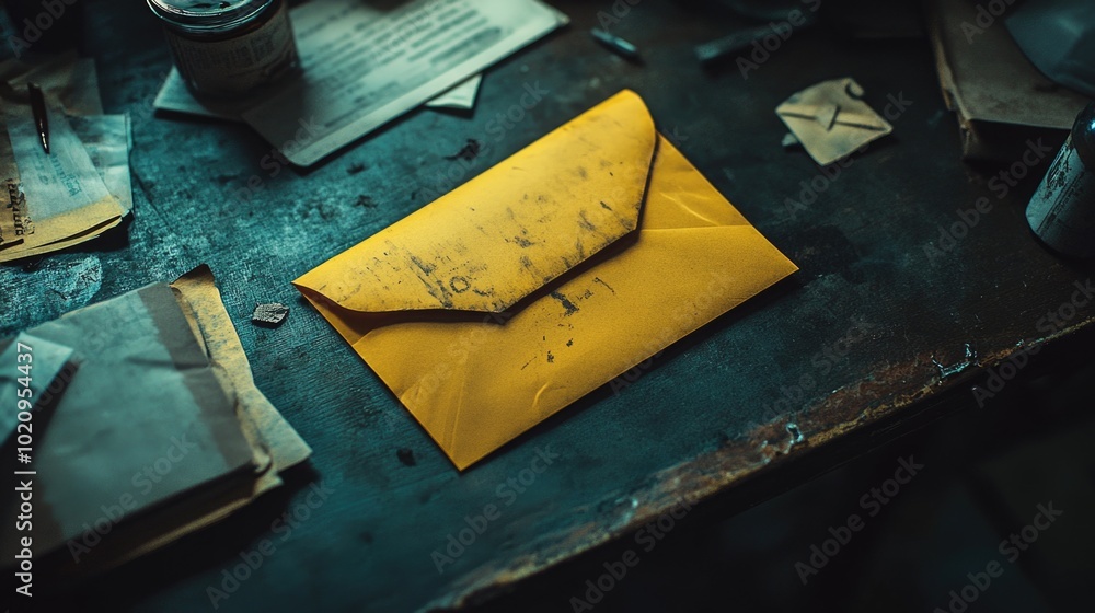 Poster a bright yellow envelope resting on a table, ideal for use in scenes where communication or surprise