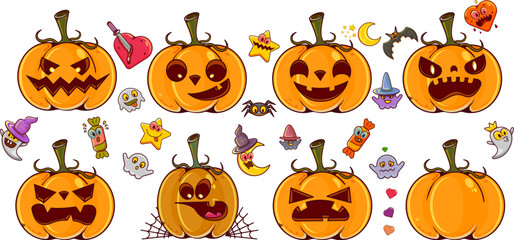 Set pumpkins on white transparent background. Orange pumpkins with smile, ghosts, spiders, witch hats for your design for the holiday Halloween. October holiday design elements. Vector illustration.