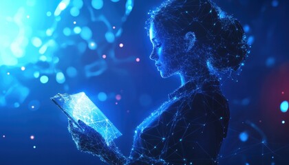 Fototapeta premium A Wireframe Woman Using a Digital Tablet in a Digital World