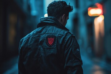 Naklejka premium A person in a black jacket stands alone in a dark alleyway, providing an air of mystery and secrecy