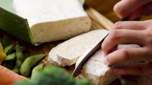 slice raw tempeh block with other vegetables ingredients on a wooden board