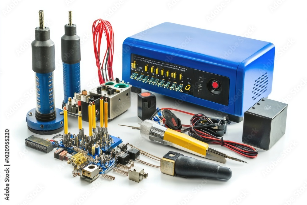 Poster a collection of electronic parts placed on a clean white background, ideal for use in technology and