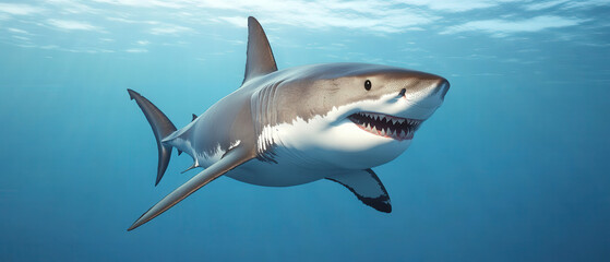 Fototapeta premium Great White Shark Swimming in Clear Waters