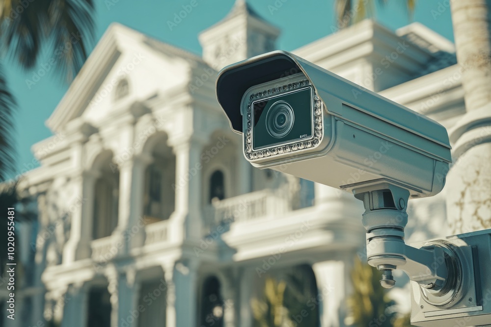 Poster A security camera mounted to the side of a building for surveillance and monitoring
