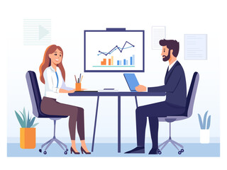 Fototapeta premium Business meeting with businessman businesswoman with report on a whiteboard, office coworker conference workplace vector illustration