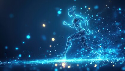 Abstract Digital Representation of a Running Woman with Glowing Lines and Bokeh