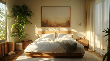 Sunlight Streaming into a Bedroom with a Wooden Bed and Plants - 3D Illustration