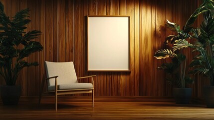 A living room interior features an empty white poster on the wall for customizable decor..