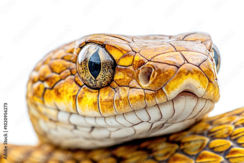 Poster a close-up view of a snake's head on a white background