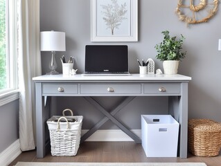 Balanced study room by combining a gray desk with white accents