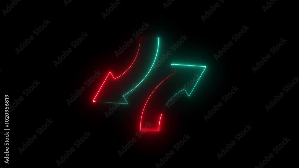 Poster dual neon glowing arrows pointing in opposite directions. red and green color neon glowing direction