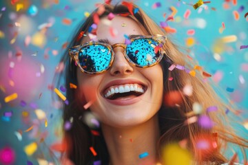 A woman with sunglasses on smiling and surrounded by confetti