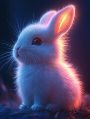 Obraz premium Cute little fluffy rabbit in bright neon light