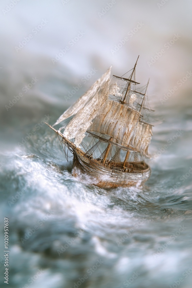 Poster a small model of a sailing ship struggles through rough water