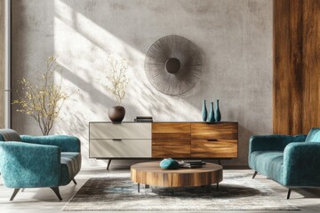 A cozy living room scene with two blue chairs and a coffee table