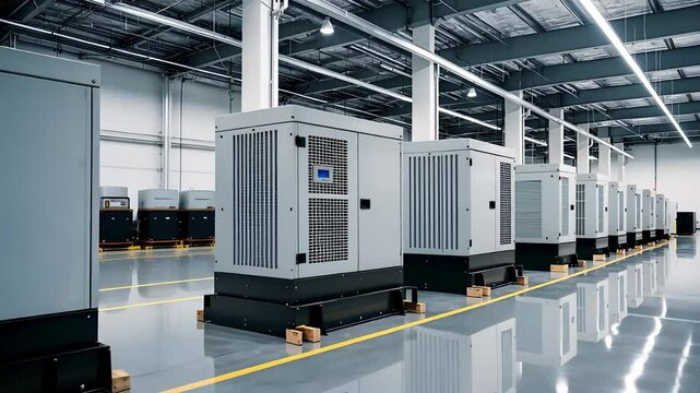 Large Industrial Generators in a Modern Factory Warehouse