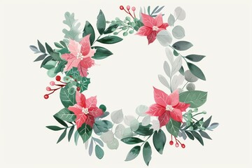 Watercolor christmas wreath with poinsettias