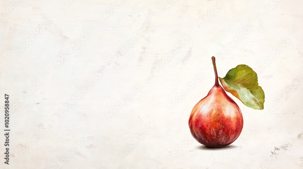Poster fresh red pear with leaf on simple background
