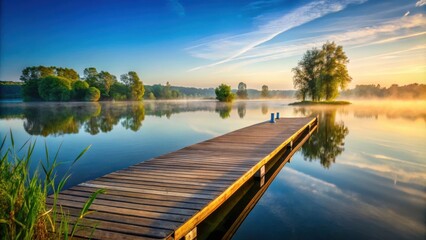 Obraz premium A wooden pier extends into a serene lake at sunrise, surrounded by lush trees and shrouded in a soft mist, creating a tranquil and picturesque landscape.