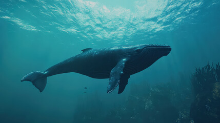 Fototapeta premium Majestic Blue Whale Swimming in Ocean Depths