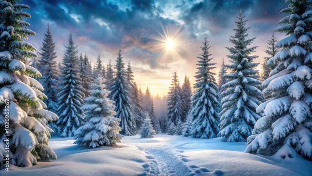 Poster a snowy path winds through a winter forest, illuminated by the golden glow of the setting sun, casti