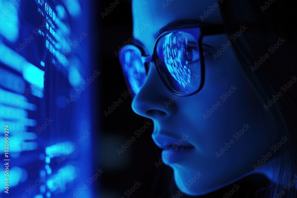 Poster a woman wearing glasses sits in front of a computer screen, focusing on the display