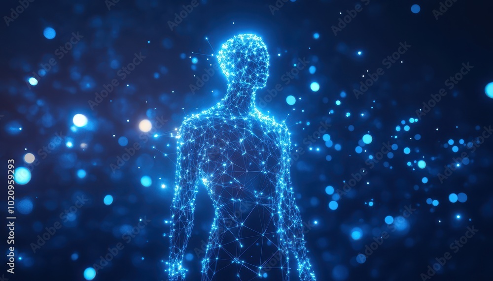 Poster a glowing human figure constructed of interconnected lines and points