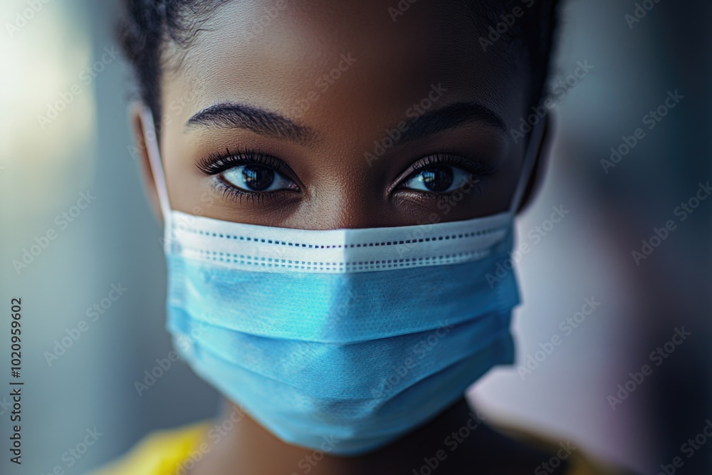 Poster a close-up shot of a person wearing a face mask, ideal for depicting personal hygiene and safety in 