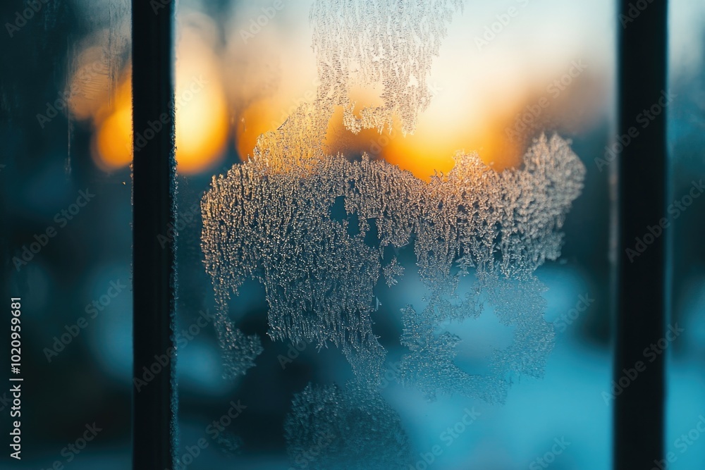 Poster A close-up shot of a frost-covered window with intricate patterns and textures