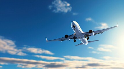 Fototapeta premium A passenger plane soaring through a clear blue sky, symbolizing travel and adventure..