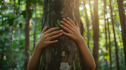 Nature lover hugging a trunk tree with green moss in tropical woods forest. Green natural background. Concept of people loving nature and protecting from deforestation or pollution or climate 