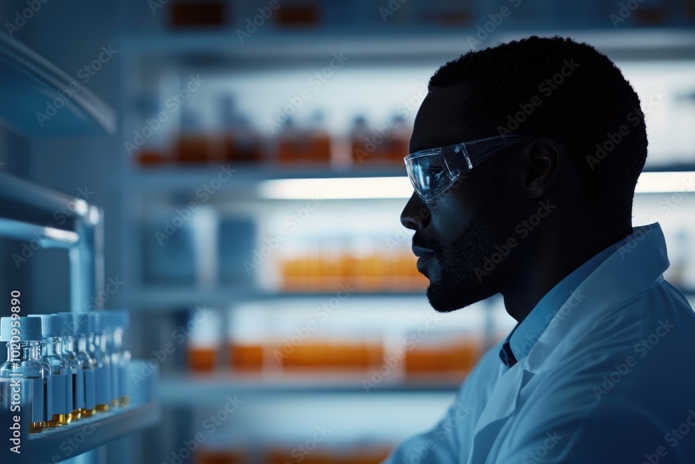 Poster A scientist in a lab coat reviews a selection of vials on a shelf