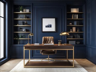 Study room with navy blue walls, a gold desk lamp, and a wood desk