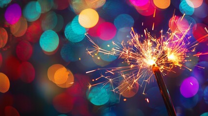 Close-up of sparklers with vibrant bokeh lights