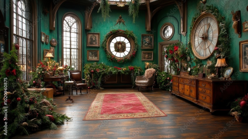 Poster A room decorated for christmas with lots of greenery