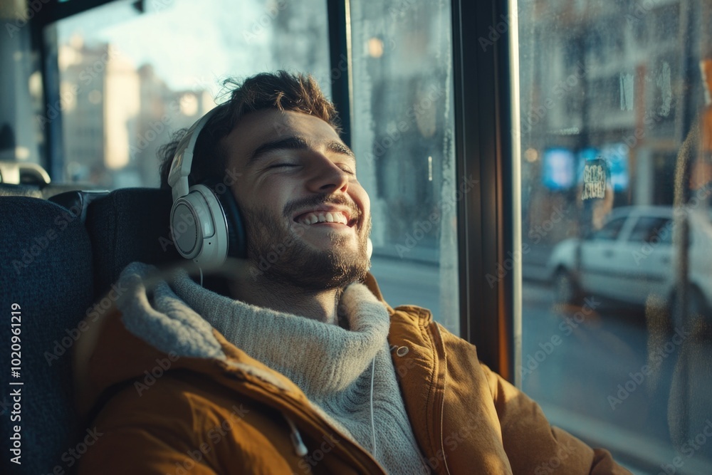 Poster a person sitting on a bus with headphones on, possibly commuting or listening to music