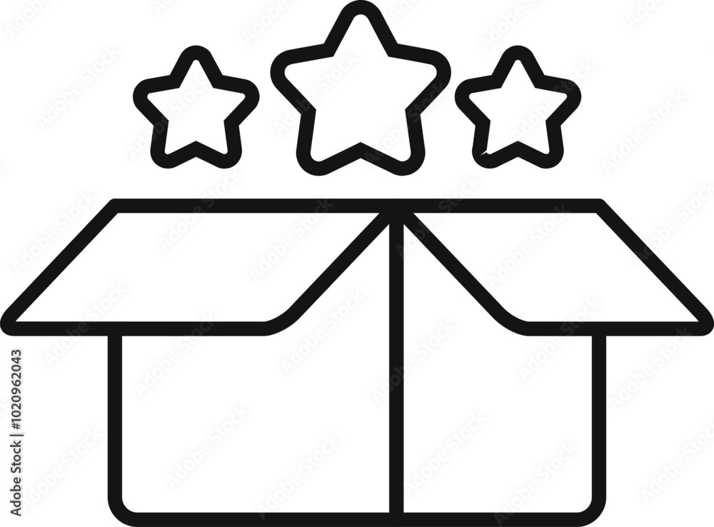 Poster line drawing of an open cardboard box with three five pointed stars above it, representing positive 