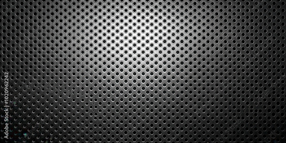 Poster A close-up view of a metallic surface with a repeating pattern of circular holes, illuminated by a single light source, creating a gradient effect across the textured surface.