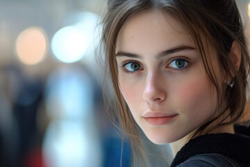 Obraz premium A woman with bright blue eyes looks directly at the camera