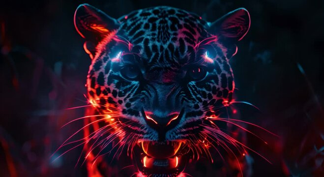 Close-Up of a Roaring Jaguar with Red and Blue Neon Lighting