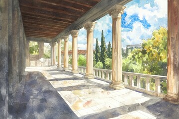 A watercolor painting of a cozy porch with columns and ornate details, suitable for use in home decor or design projects