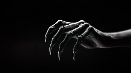 A black creepy Halloween monster hand with long nails emerges, adding a spooky touch to the scene..