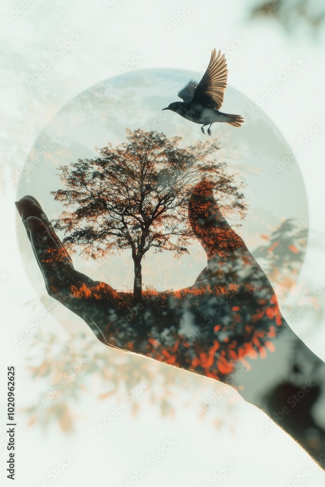 Poster a person holds a glass sphere containing a small tree, a unique and creative display