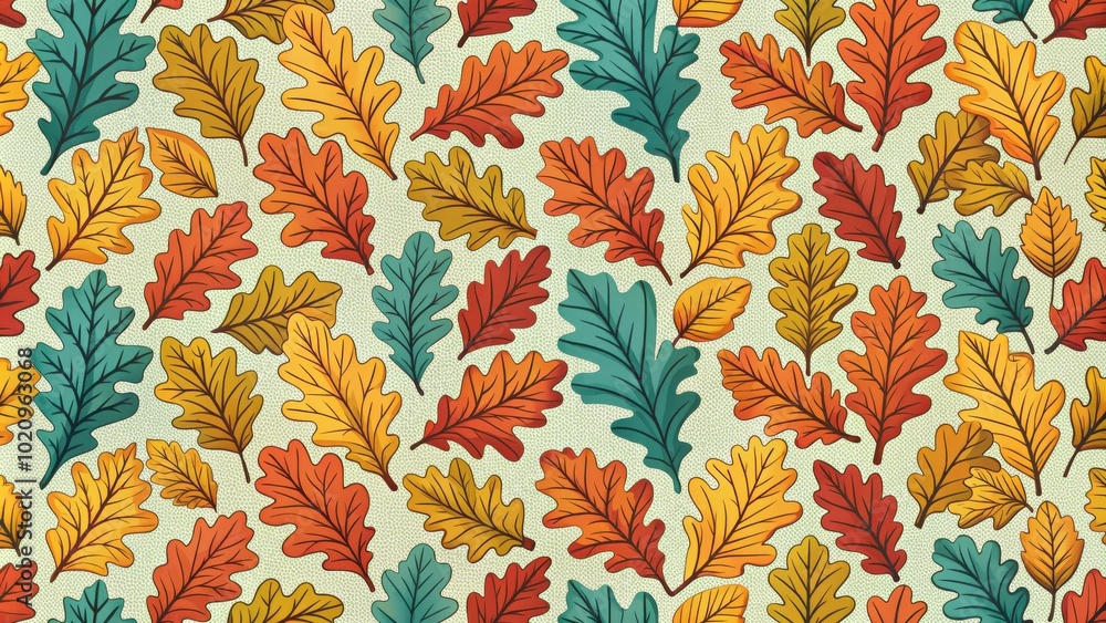 Poster a seamless pattern of vibrant autumn leaves in a chaotic arrangement on a textured green background